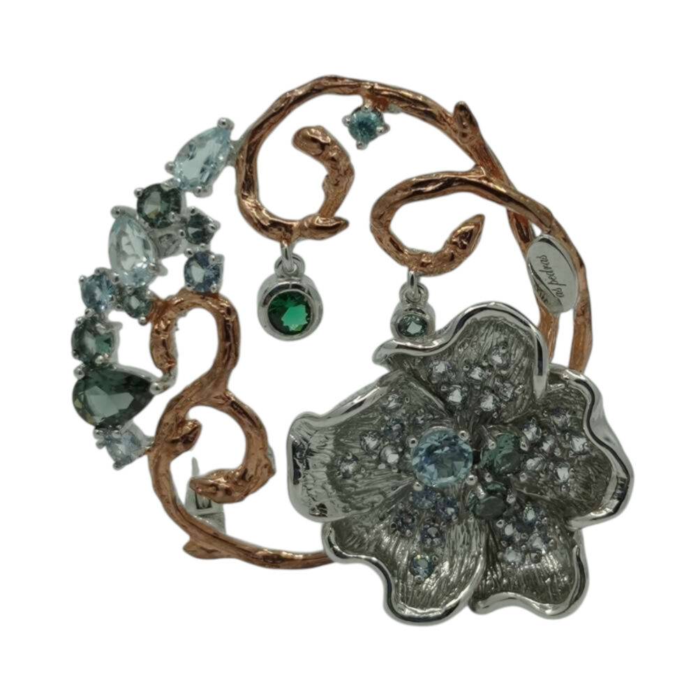 Broche-argent-doré-rosé-topaze-bleu-tourmaline-verte-aux-pierres-fines-royat